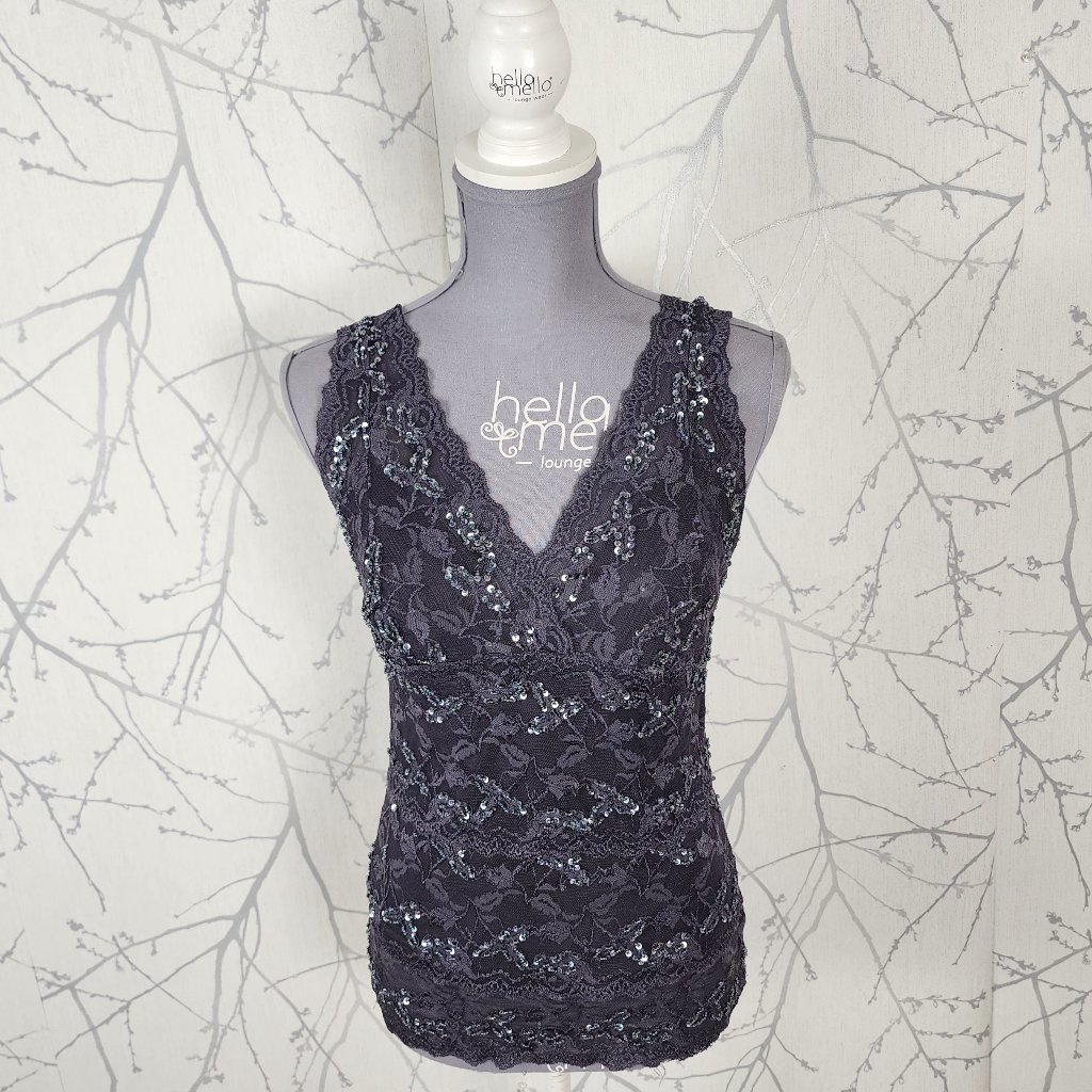 Le Chateau Lace Overlay Sequin Beaded Y2k Faux Wrap Tank